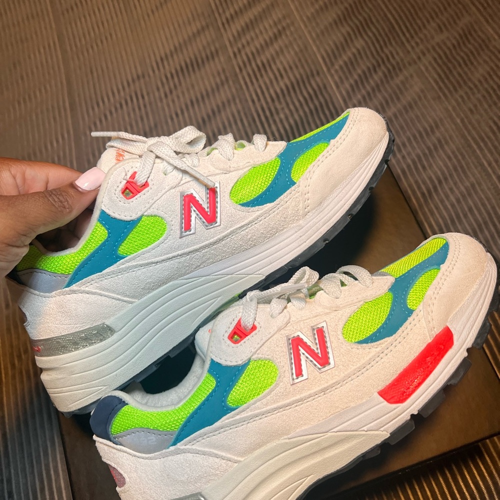New Balance Kids' White, Blue, and Neon Green Sneakers